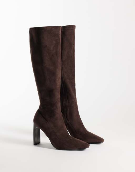 Simmi London Londyn heeled sock knee boots in brown suedette, 2 of 4