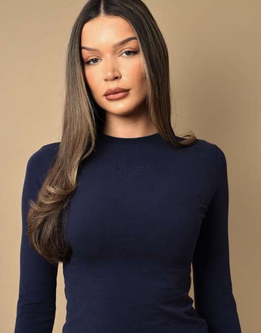 Simmi London Long sleeve soft touch t-shirt in navy, 3 of 4
