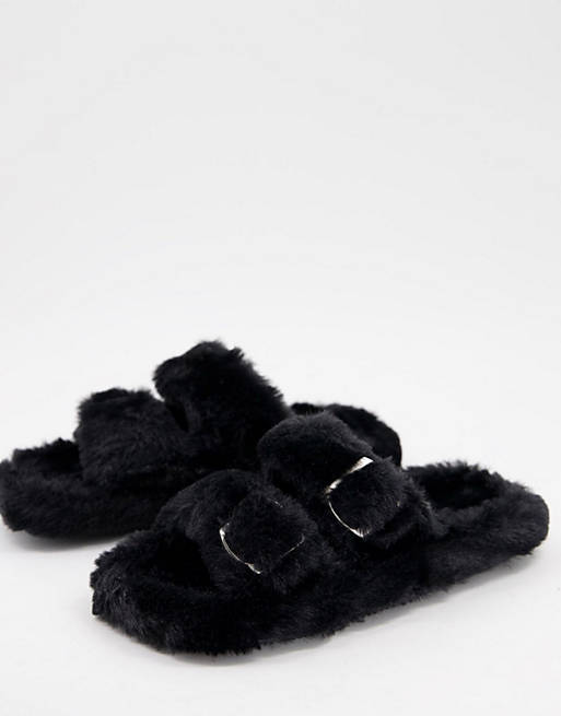 Simmi London Lotus fluffy buckle slippers in black