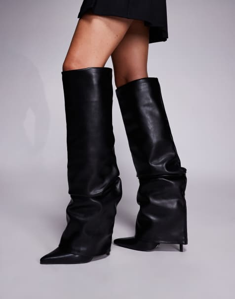 Simmi London Lukas foldover ruched knee boots in black - view 1
