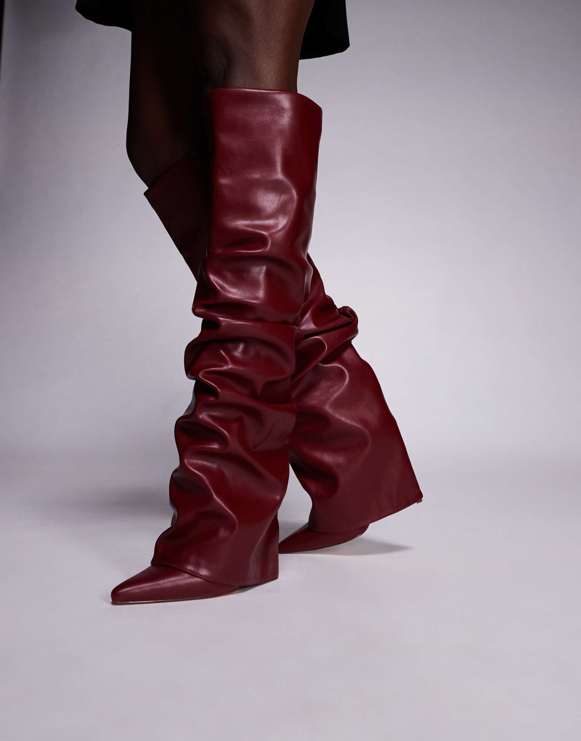 simmi london lukas foldover ruched knee boots in burgundy