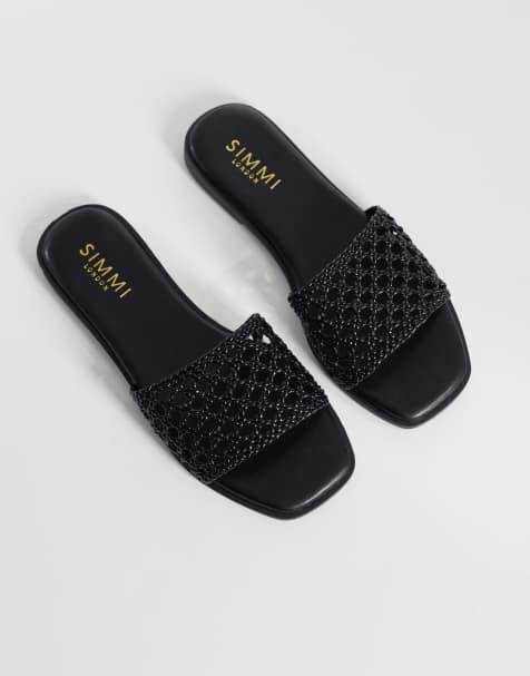 SIMMI London – Luna – Svarta, platta och vävda sandaler med bred passform - view 1