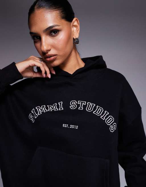 Simmi London Maeve varsity slogan hoodie in black, 2 of 4