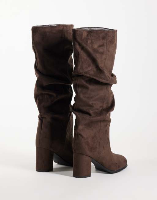 Simmi London Maggie ruched knee boots in brown suedette, 2 of 4