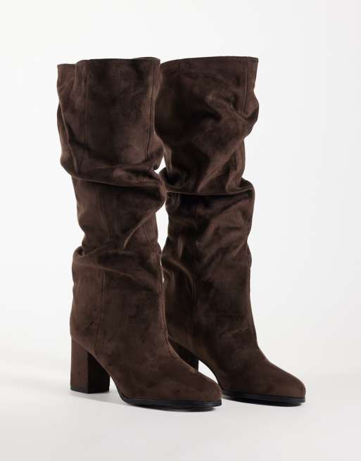 Simmi London Maggie ruched knee boots in brown suedette, 4 of 4