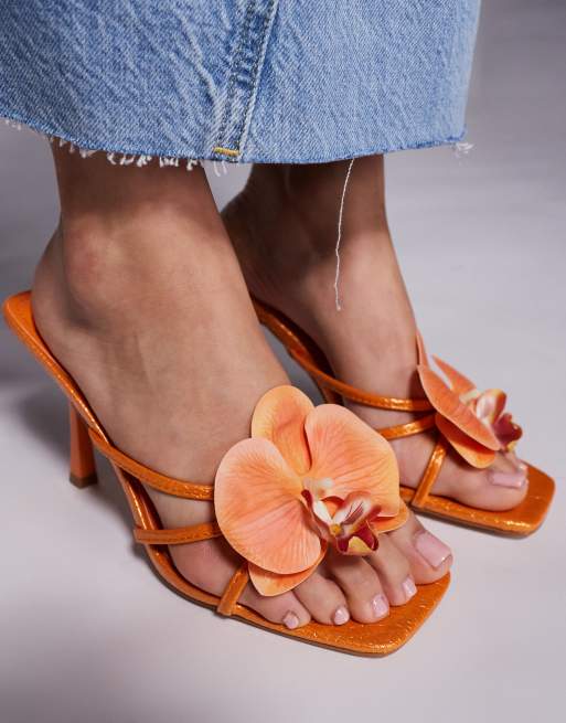 Simmi London Manaia 3D floral high heeled sandals in orange | ASOS