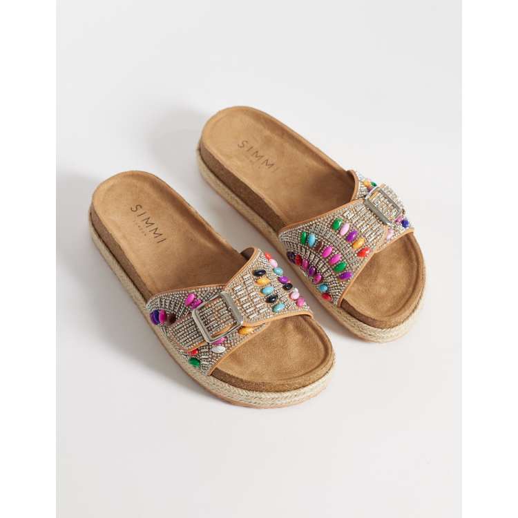 Simmi London Mandy single buckle sandals with beads in tan | ASOS