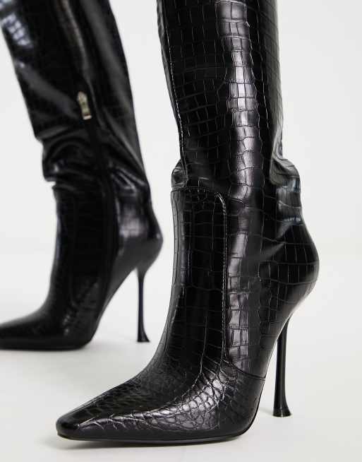 Black leather stiletto 2024 knee high boots