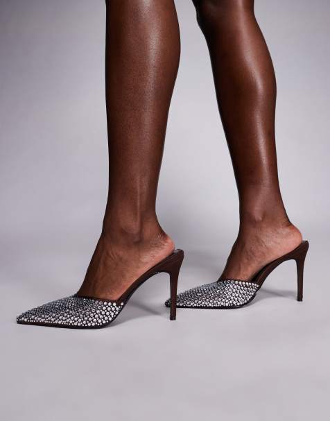 Simmi London Marika embellished heeled mules in brown satin - view 1