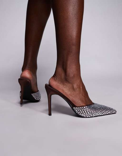 Simmi London - Marika - Sabot marroni in raso con tacco e strass, 3 di 4