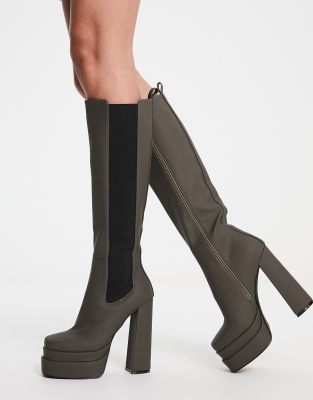 Simmi London Martha platform heel knee boots in olive green  - ASOS Price Checker