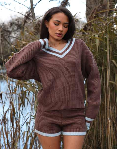 Simmi London Matilda chunky knit v-neck jumper in brown - view 1