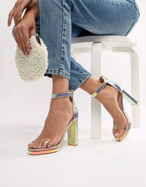 Simmi London Meena rainbow snake clear detail block heeled sandals | ASOS