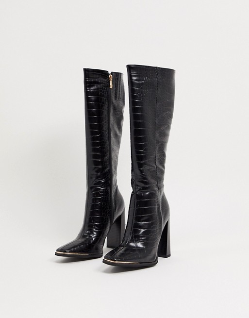 Simmi London Melisa knee boots in with metal plating in black croc