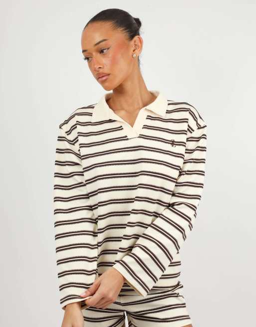 Simmi London Melrose thin stripe rugby top in brown, 2 of 4