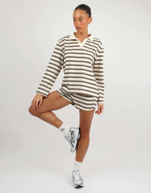 Simmi London Melrose thin stripe rugby top in brown, 3 of 4