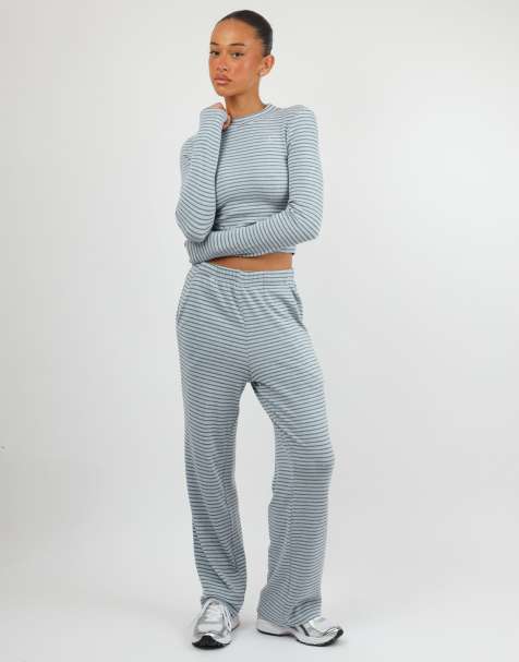 Simmi London Mila soft stripe fine ribbed trouser in blue - view 1