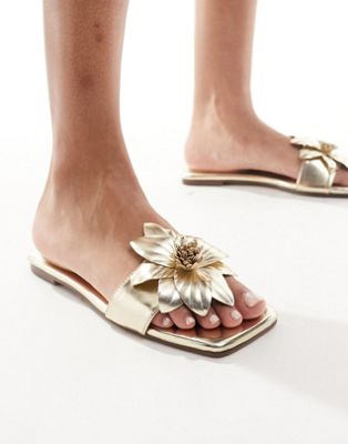 Simmi London Miray flat sandal with flower detail in gold - ASOS Price Checker
