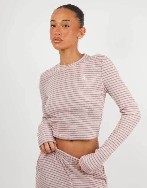 Simmi London Monique soft stripe fine ribbed long sleeve top in cream - view 1