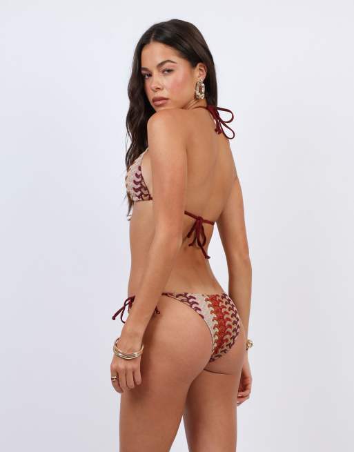 Simmi London Mora woven tie side bikini bottoms in burgundy, 4 of 4