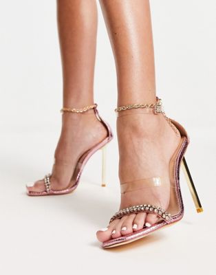 Simmi London nefta diamante strap stiletto heels with chain ankle strap in pink snake metallic