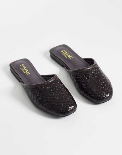 Simmi London – Nichola – Gewebte, flache Mules in Schokobraun - view 1