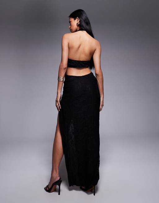 Simmi London Noir black lace thigh split maxi dress in black, 4 of 4