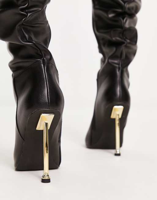 Black and gold thigh high clearance boots