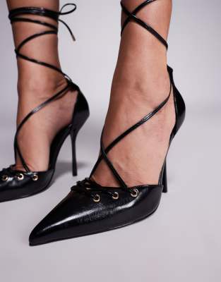 Simmi Shoes Simmi London Onix Pointed Toe Heeled Shoes With Tie Leg Straps In Black