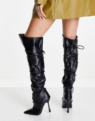 Simmi London over the knee boots with lace up detail in black