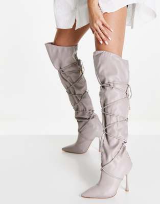 Simmi London over the knee boots with lace up detail in grey