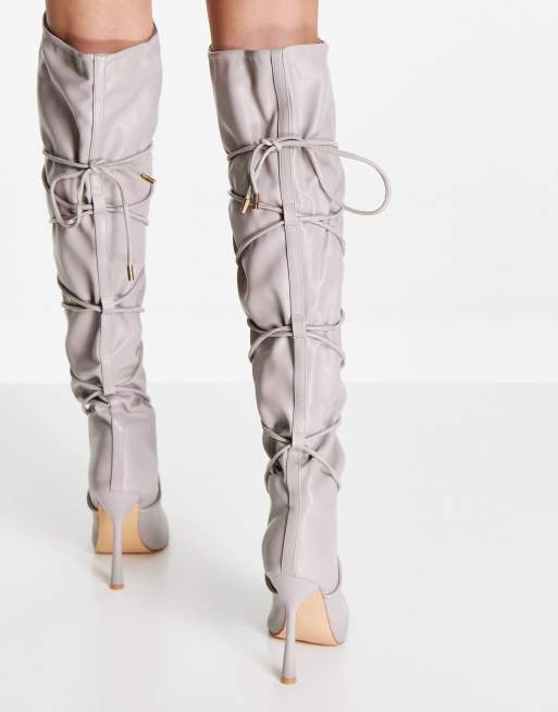 Grey lace up thigh high boots new arrivals