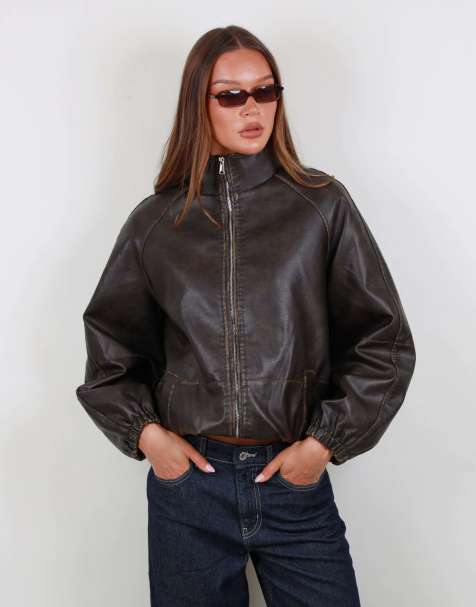 Simmi London Oversized funnel neck faux leather bomber in brown - view 1