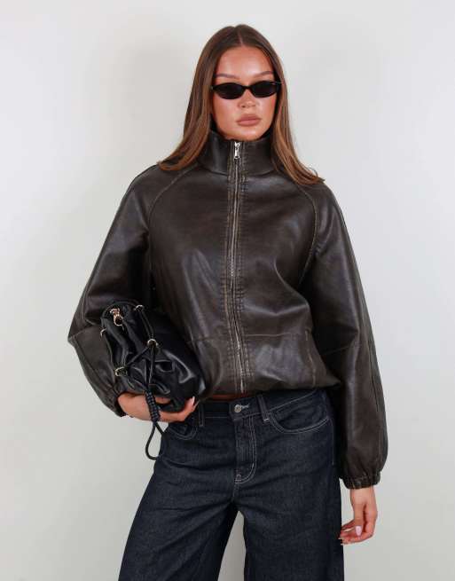 Simmi London Oversized funnel neck faux leather bomber in brown, 2 of 5