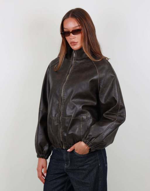 Simmi London Oversized funnel neck faux leather bomber in brown, 3 of 5