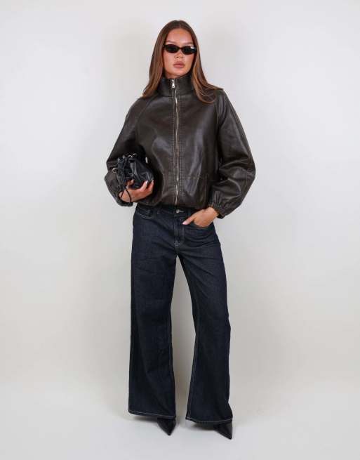 Simmi London Oversized funnel neck faux leather bomber in brown, 4 of 5