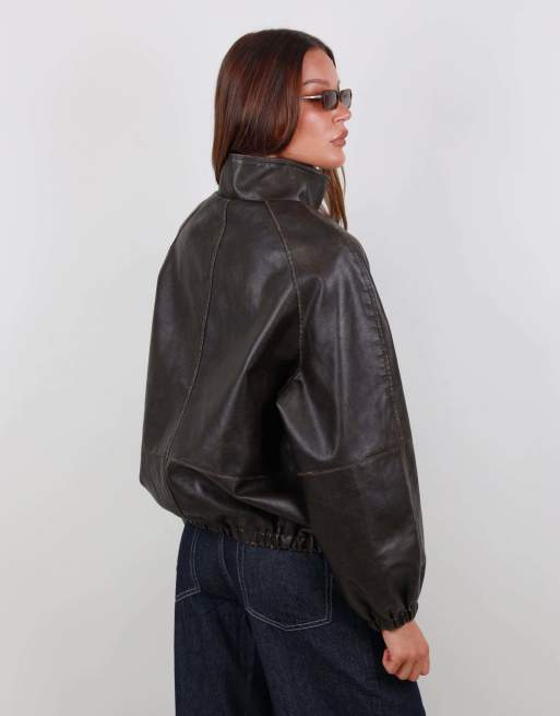 Simmi London Oversized funnel neck faux leather bomber in brown, 5 of 5