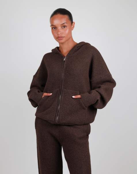 Simmi London Oversized knit zip hoodie in brown - view 1