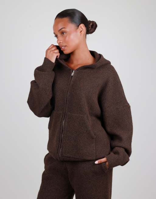 Simmi London Oversized knit zip hoodie in brown, 3 of 4