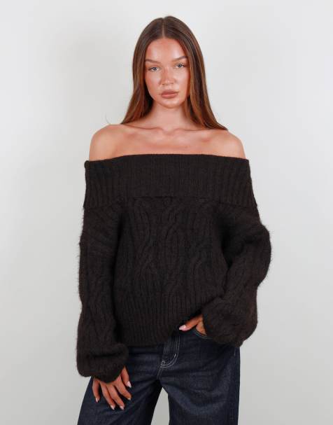 Simmi London Oversized off shoulder knitted jumper in brown - view 1