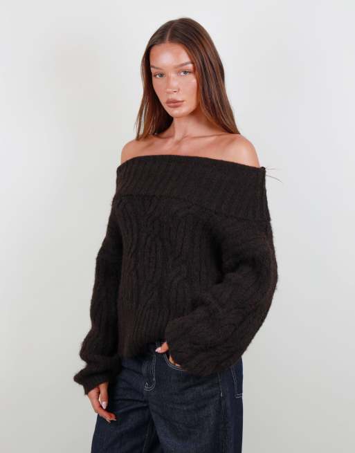Simmi London Oversized off shoulder knitted jumper in brown, 2 of 5