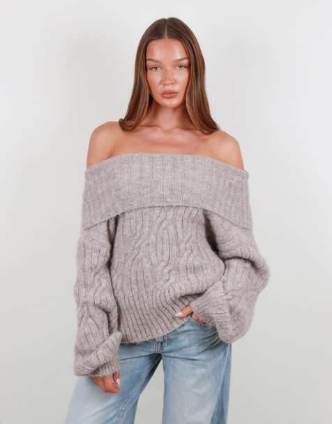 Simmi London Oversized off shoulder knitted jumper in mocha - view 1