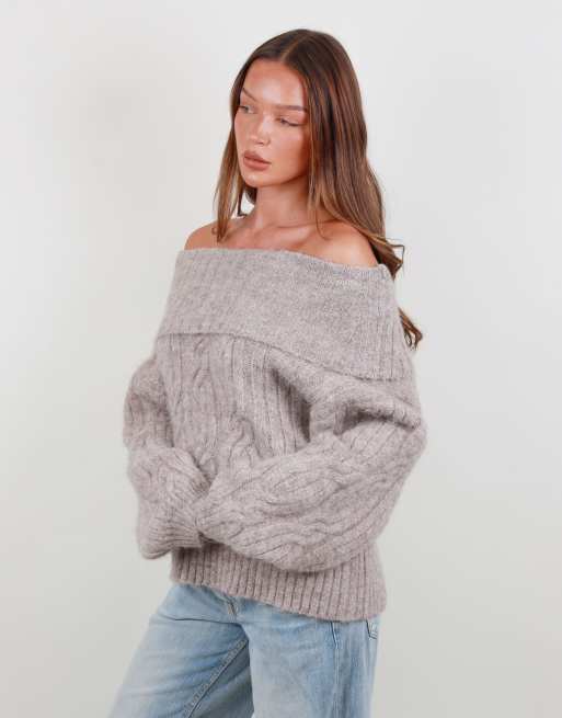 Simmi London Oversized off shoulder knitted jumper in mocha, 2 of 5
