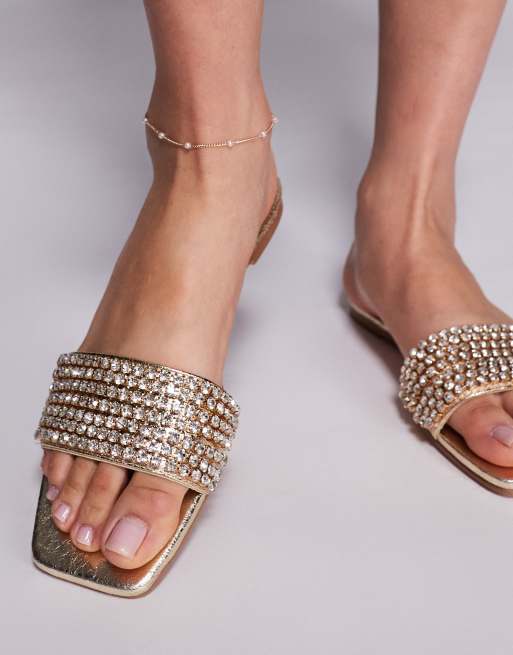 Simmi London Paison diamante flat sandals in gold metallic ASOS