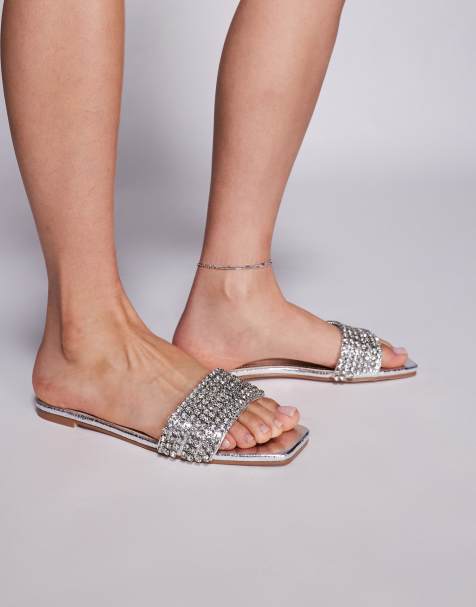 Simmi London Paison rhinestone flat sandals in silver metallic - view 1