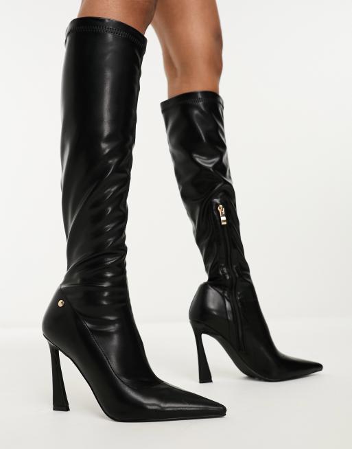 Simmi London Peak stretch knee boots in black | ASOS