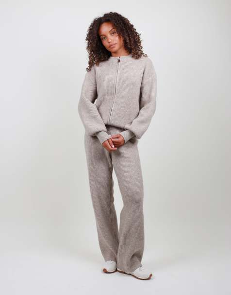 Simmi London Petite ribbed knitted trousers in beige - view 1