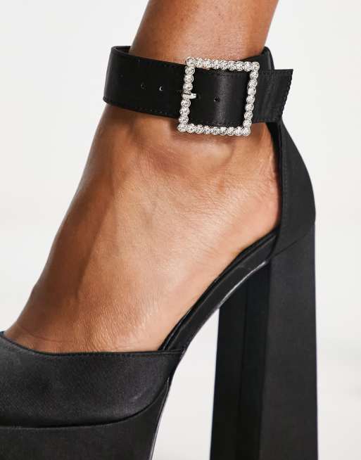 Pull&Bear high heel chunky platform sandal with buckle detail in black