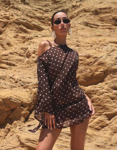 Simmi London Polka dot beach chiffon mini dress in brown - view 1