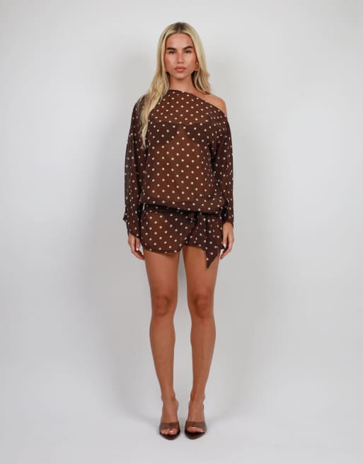 Simmi London Polka dot beach chiffon mini dress in brown, 2 of 4